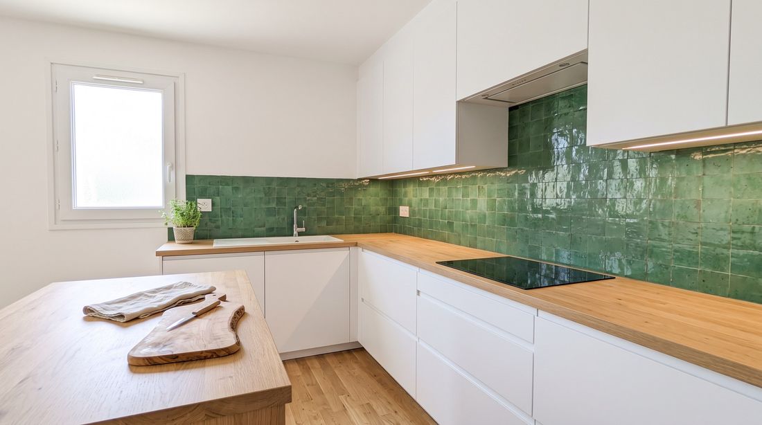 Cuisine après rénovation : façades blanches sans poignée, plan de travail en bois, crédence en zellige vert et parquet chêne clair