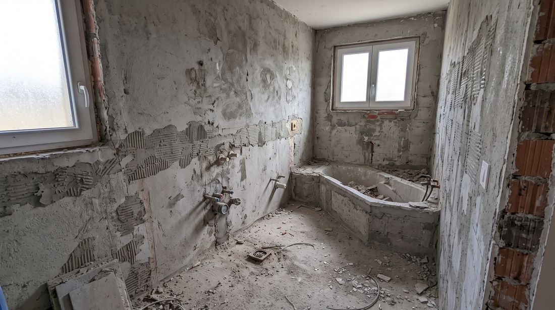 Salle de bain mise à nu : murs piqués jusqu'au support, ancienne baignoire déposée, attentes de plomberie apparentes et gravats au sol
