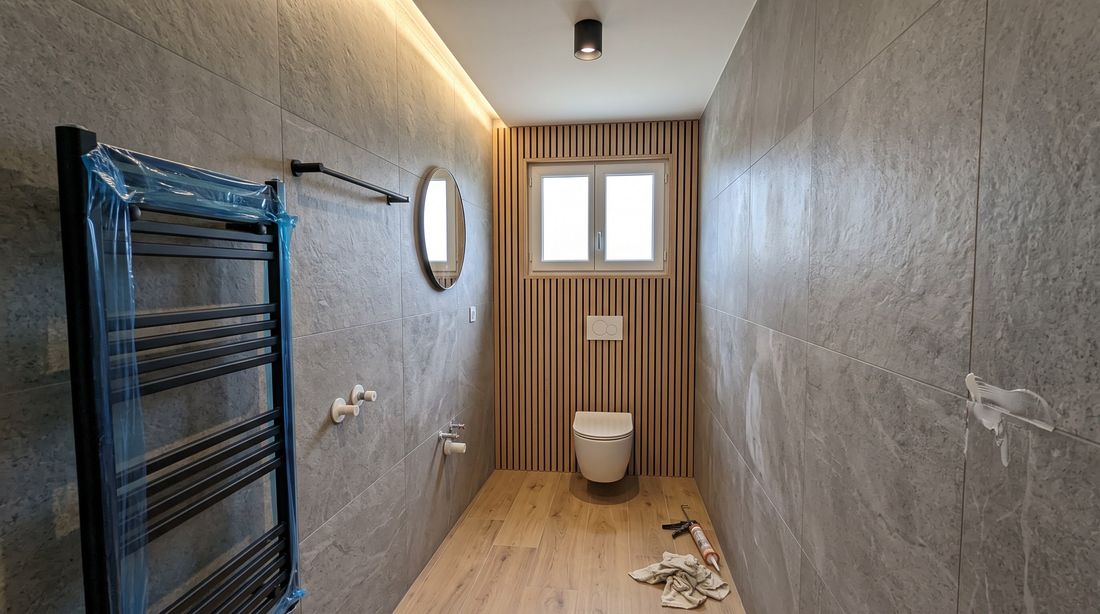 Petite salle d'eau : murs en carrelage effet pierre, habillage en tasseaux bois derrière un WC suspendu, sèche-serviettes et sol en lames bois